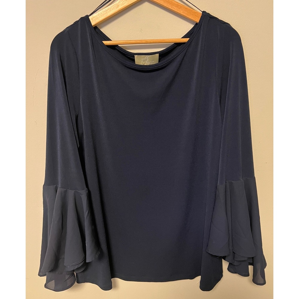 Joan Vass Bell Sleeve Blouse Womens Large Navy Blue Pre-owned Tiered Chiffon